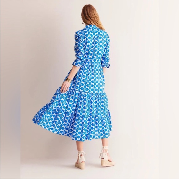 💙 Boden Flo Cotton Midi Shirt Dress Size 12 Indigo Bunting Floral Tile Blue - Picture 2 of 7
